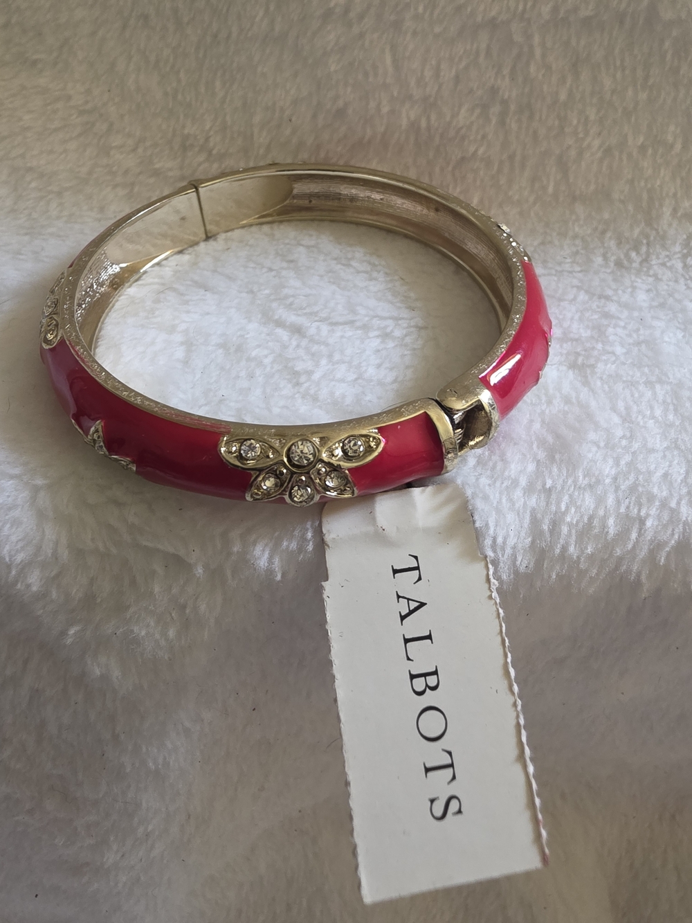 NWT Talbots Classic Red Enamel Gold Hinged Bangle Bracelet Crystal Flowers